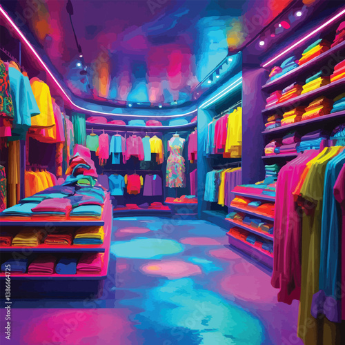Colorful clothes hangers in a shop with urban street lights and entertainment design