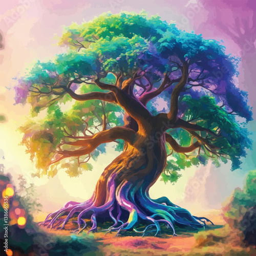 Fantasy landscape art shows a beautiful tree and rainbow in a nature painting with light reflecting on water