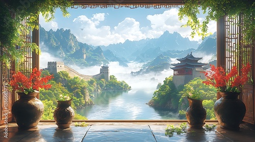 Scenic View from a Chinese Window: A breathtaking vista unfolds, revealing the majestic Great Wall, ancient temples, and rolling mountains, all framed by a traditional Chinese window.