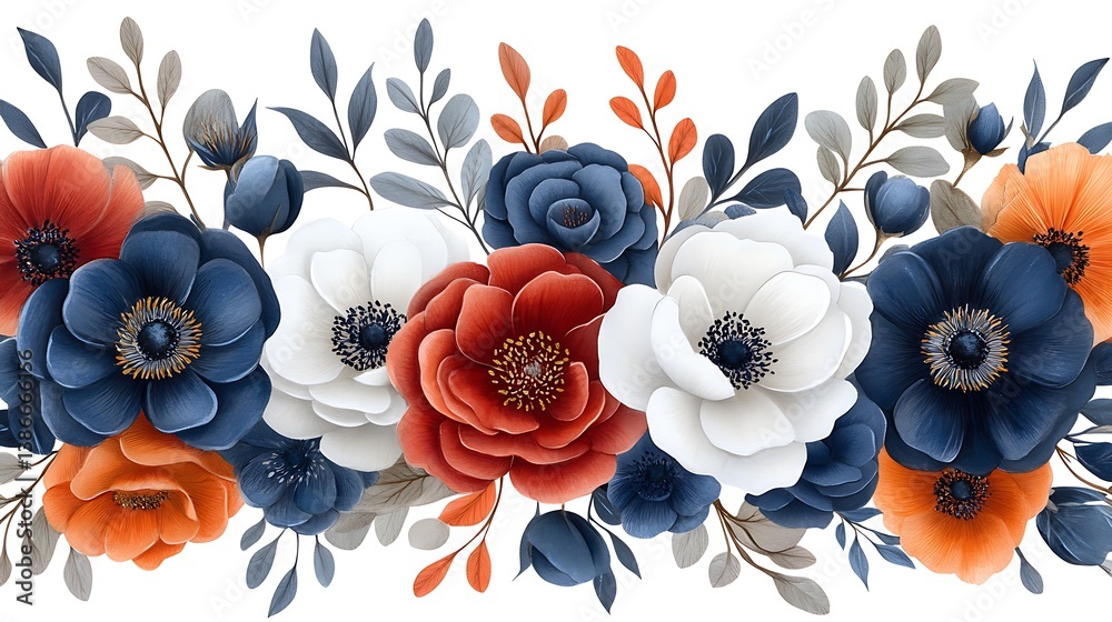 Floral border, vibrant colors, white background