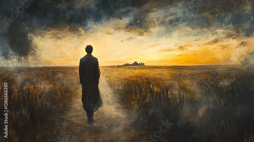 The prodigal son silhouetted against the horizon, his father’s home barely visible ahead, dusty road stretching before him, sky painted in hues of hope and sorrowHighly detailed,