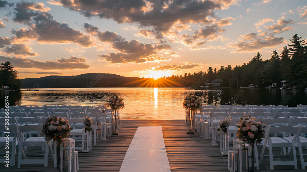 Fototapeta premium Romantic Lakeside Ceremony: A serene wedding setup, an aisle leading to the altar, set against a breathtaking sunset over a calm lake and mountains. A scene for exchanging vows and creating memories.