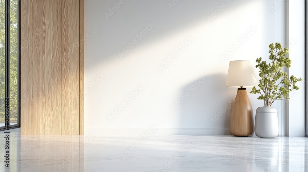 Fototapeta premium A minimalist room features a wooden lamp and plant. The scene includes a white wall and wooden paneling. The image boasts high quality and resolution, showcasing soft natural light. The style is cle