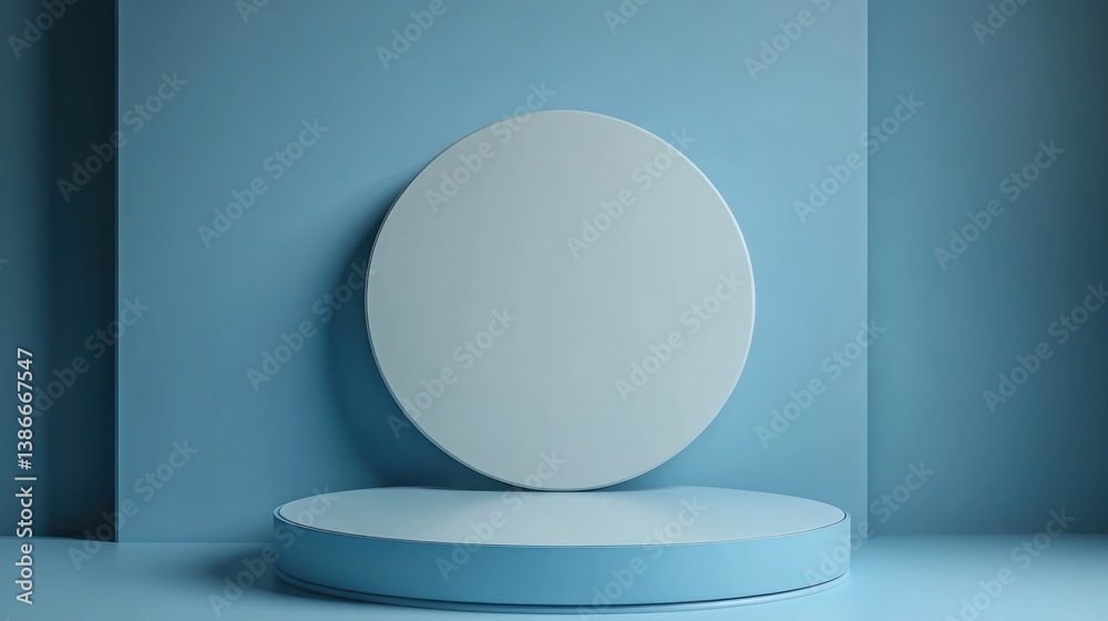 Minimalist blue product display, blank circle, geometric backdrop Minimalist blue product display, blank circle, geometric backdrop