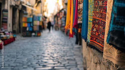 Vibrant Market Street with Colorful Textiles Hanging Along the Cobblestone Pathway