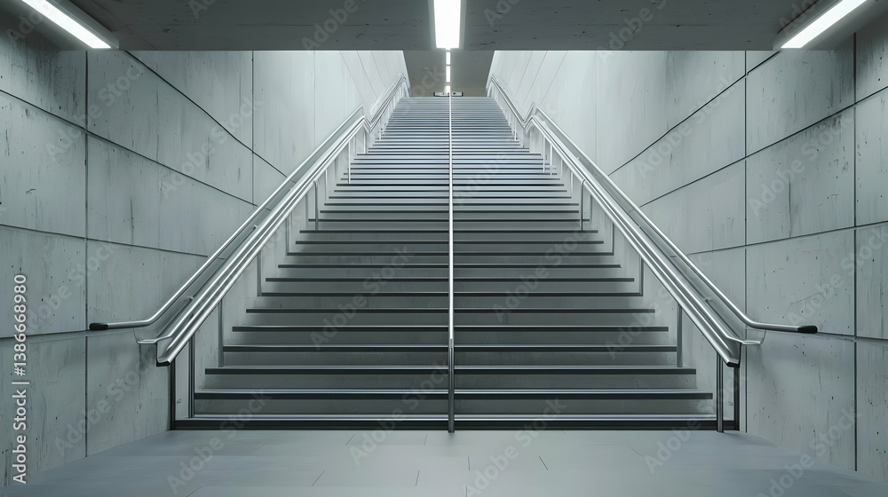 Obraz premium Modern Minimalist Staircase with Well-Lit Concrete Walls and Rails