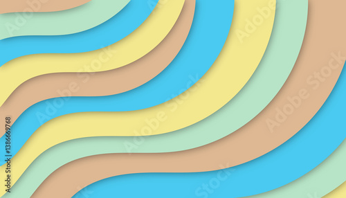 Pastel-colored abstract layered waves in soft shades of blue, yellow, and green