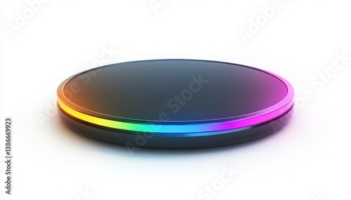 Sleek Circular Device with Colorful LED Edge on White Background - Modern Technology Showcase for Innovative Gadgets and Electronics Enthusiasts.