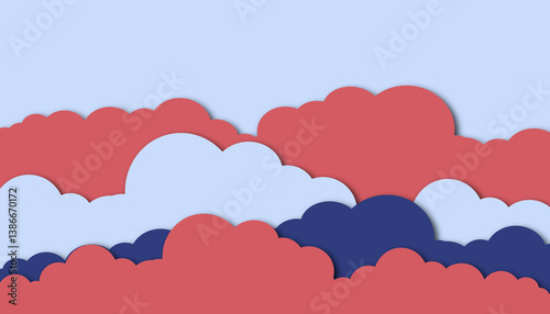Abstract paper clouds in pastel shades of red, blue, and navy with layered texture