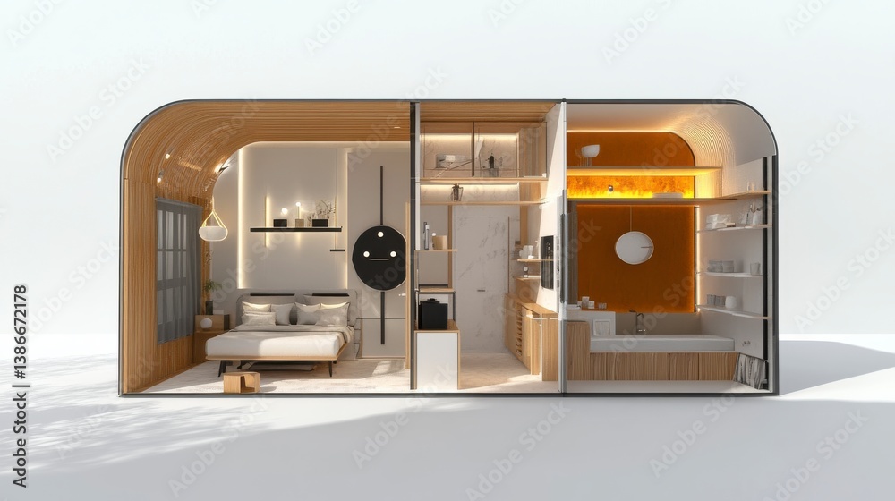 Fototapeta premium Modern Tiny House Interior Design 3D Render of Minimalist Bedroom and Bathroom
