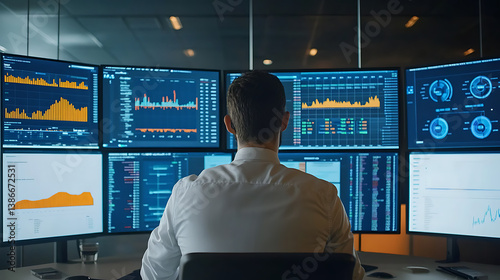 A data analyst reviewing financial data on multiple screens, modern office space with interactive dashboards and digital financial tools, High-tech style photo
