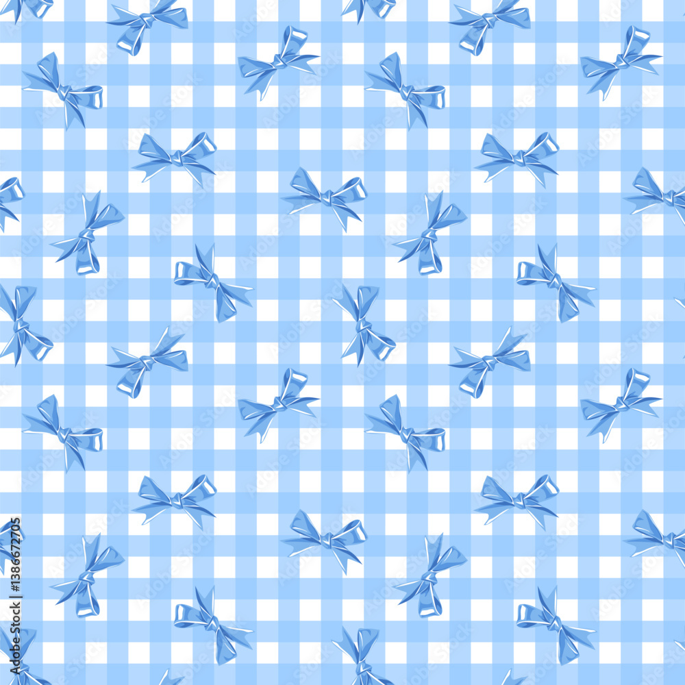Fototapeta premium Blue Gingham Seamless Pattern with Satin Ribbon Bows Cute and Classic