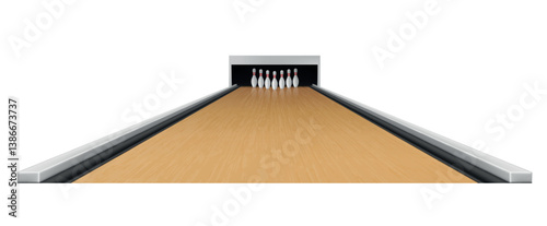 Bowling lane featuring pins lined up at the end against a blank white background capturing the essence of the sport