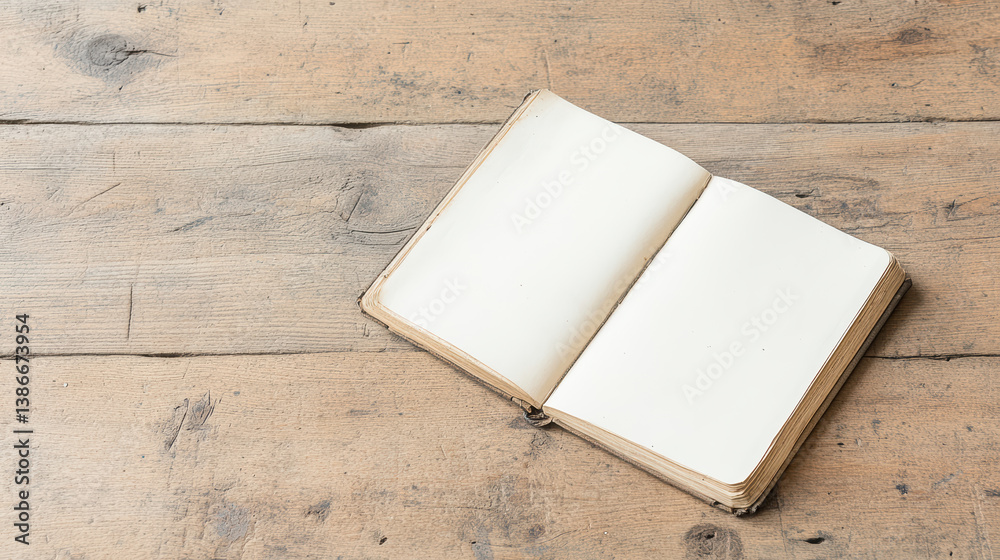 Fototapeta premium open blank journal rests on rustic wooden table, inviting creativity and reflection