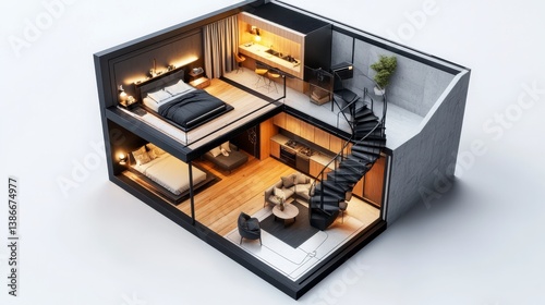 Modern Two Story Loft Apartment Interior Design Cutaway