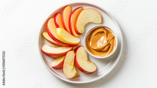 Sliced Apples with Peanut Butter on a White Plate - Healthy Snack Presentation