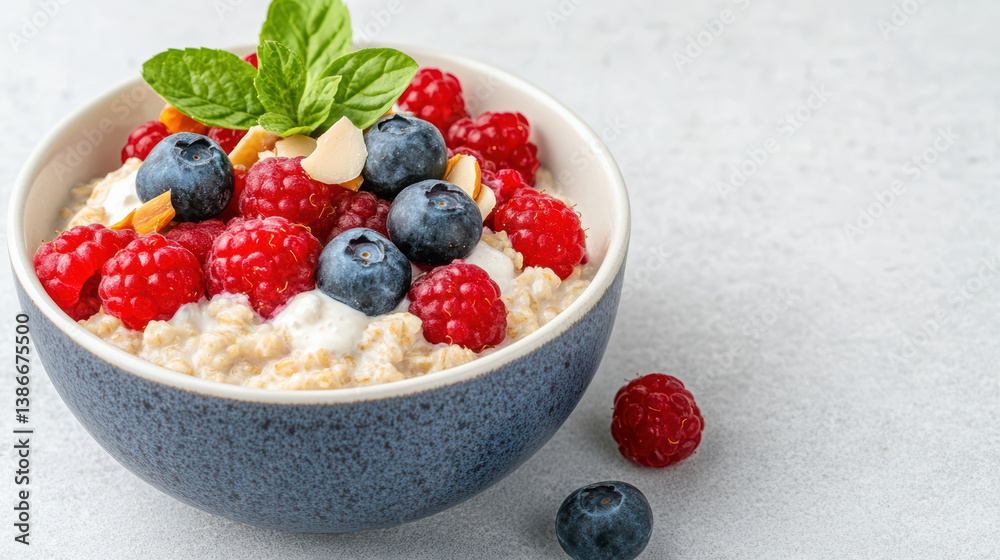 Creamy oatmeal topped with fresh raspberries, blueberries, and mint leaves creates vibrant Creamy oatmeal topped with fresh raspberries, blueberries, and mint leaves creates vibrant