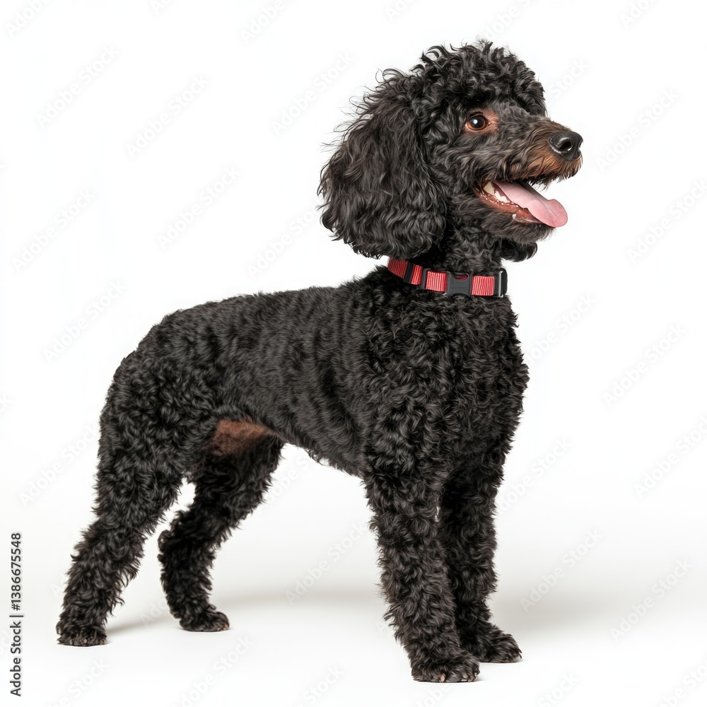Playful black poodle dog in studio setting captivating pet portraits indoor bright environment side view Playful black poodle dog in studio setting captivating pet portraits indoor bright environment side view