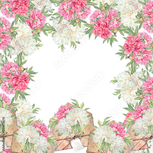 Watercolor square frame with copy space. Pink and milk peony summer flower in beige envelope on white background. Hand-drawn floral plant. Art for wedding invite celebration card. Wallpaper.