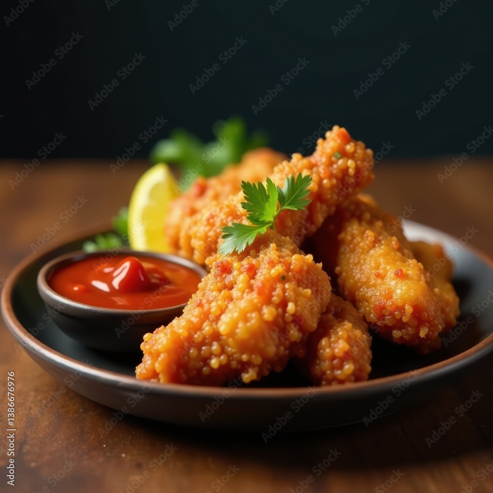 Crispy fried chicken on a plate with spicy sambal sauce , crispy fried chicken, cuisine Crispy fried chicken on a plate with spicy sambal sauce , crispy fried chicken, cuisine
