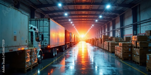 Crowded cross dock facility with trailers and pallets being transferred, movement, transfer