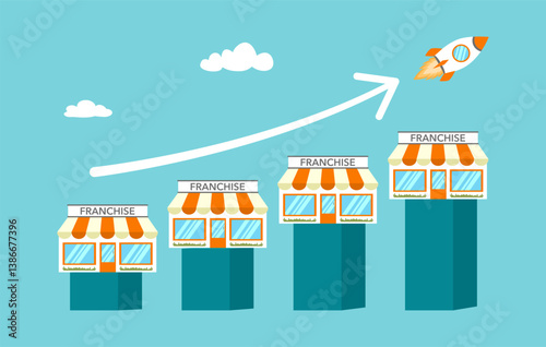 Franchise marketing system. People Start Franchise Small Enterprise. Shops on increasing of graph. Increase Revenue, Profit with Franchising Business.