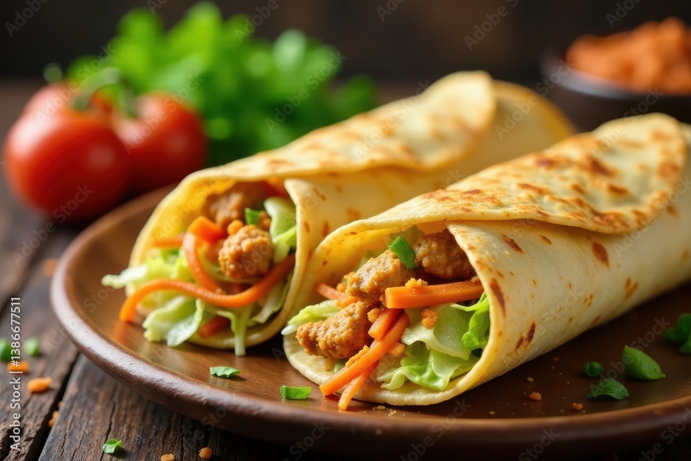 Crunchy cabbage and carrots wrapped in a warm paratha with spicy chicken filling, chicken, wrap Crunchy cabbage and carrots wrapped in a warm paratha with spicy chicken filling, chicken, wrap