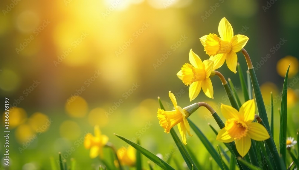 Obraz premium Daffodils and daisies unfolding in the warm sunlight, daisy, daffodil