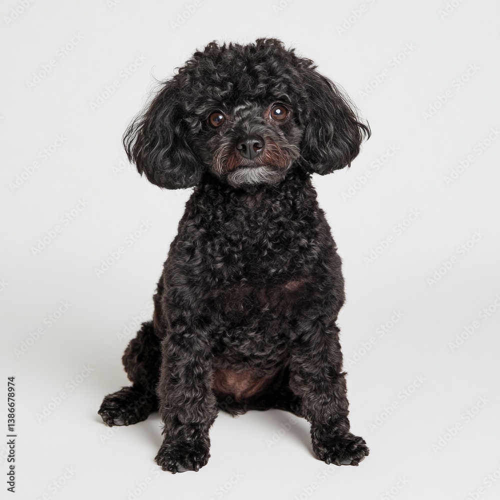 Playful black poodle dog studio portrait animal photography white background close-up pet concept Playful black poodle dog studio portrait animal photography white background close-up pet concept