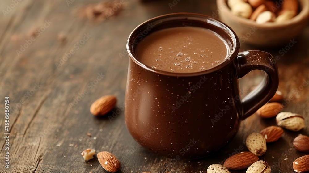 Fototapeta premium Warm chocolate drink in a brown mug, surrounded by almonds and cocoa powder on a rustic wooden table.