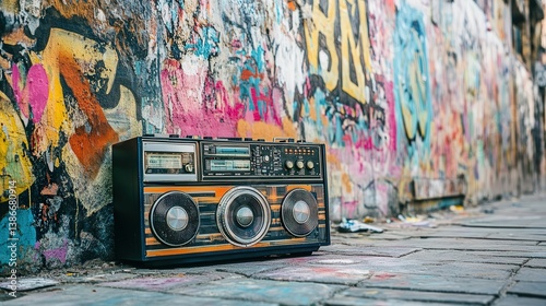 classic boombox placed against a street wall covered in vibrant graffiti. The street art adds an energetic and modern touch, creating a perfect contrast to the retro boombox.