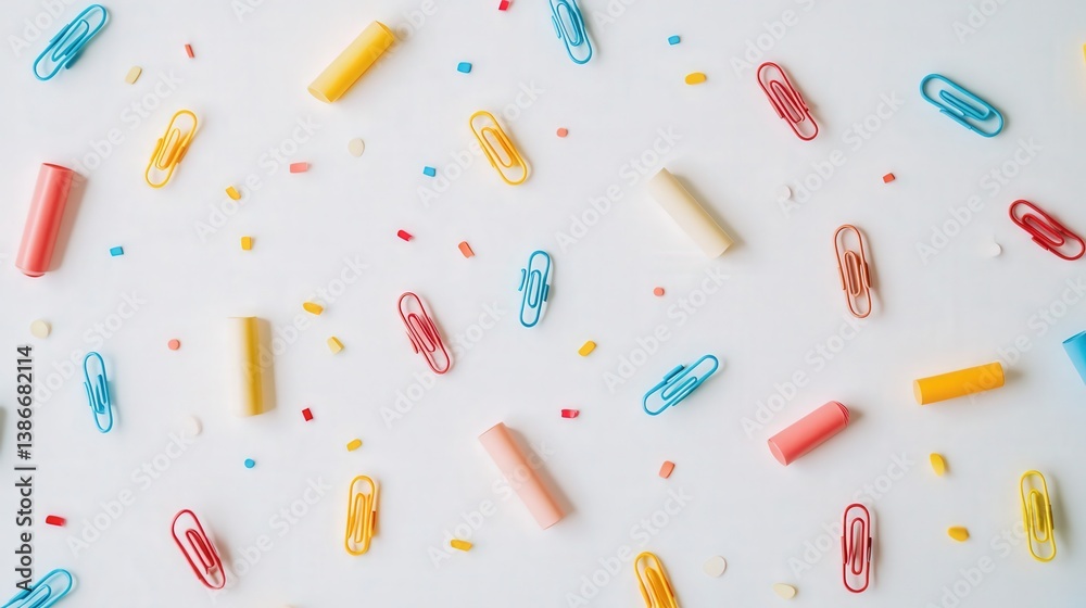 clean white background with colorful paper clips scattered in various directions. clean white background with colorful paper clips scattered in various directions.