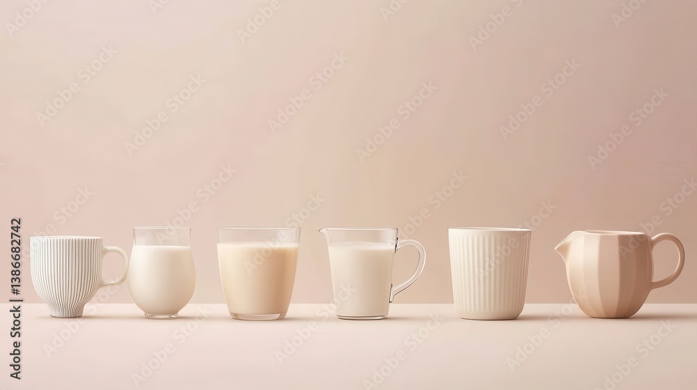 Assortment of milk alternatives in various containers on pink background. Assortment of milk alternatives in various containers on pink background.
