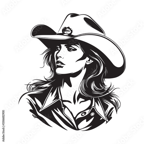 Cowboy Girl Face With Hat Vector. Cowgirl Black and White Vector illustration