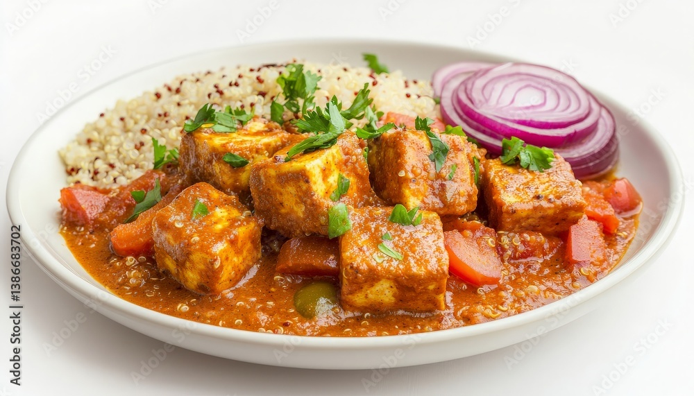Spicy Paneer Curry with Quinoa and Red Onion Garnish in a White Bowl - Ideal for Culinary Blogs or Recipe Cards Spicy Paneer Curry with Quinoa and Red Onion Garnish in a White Bowl - Ideal for Culinary Blogs or Recipe Cards