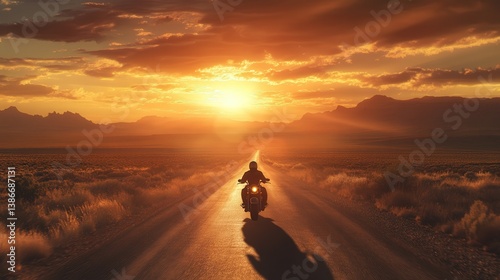 American man riding a Harley through a desert road at sunset.