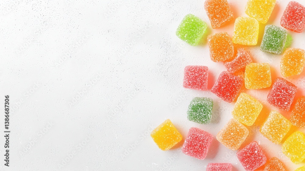 A white background is filled with a colorful assortment of gummy bears