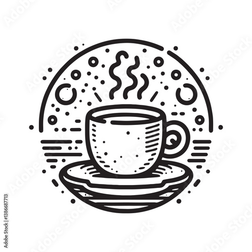 A cute illustration of a coffee cup with swirling steam rising.