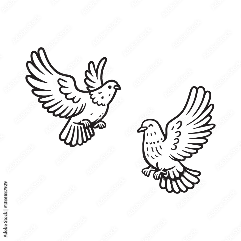 Obraz premium Two doves in flight, drawn with intricate feather details.