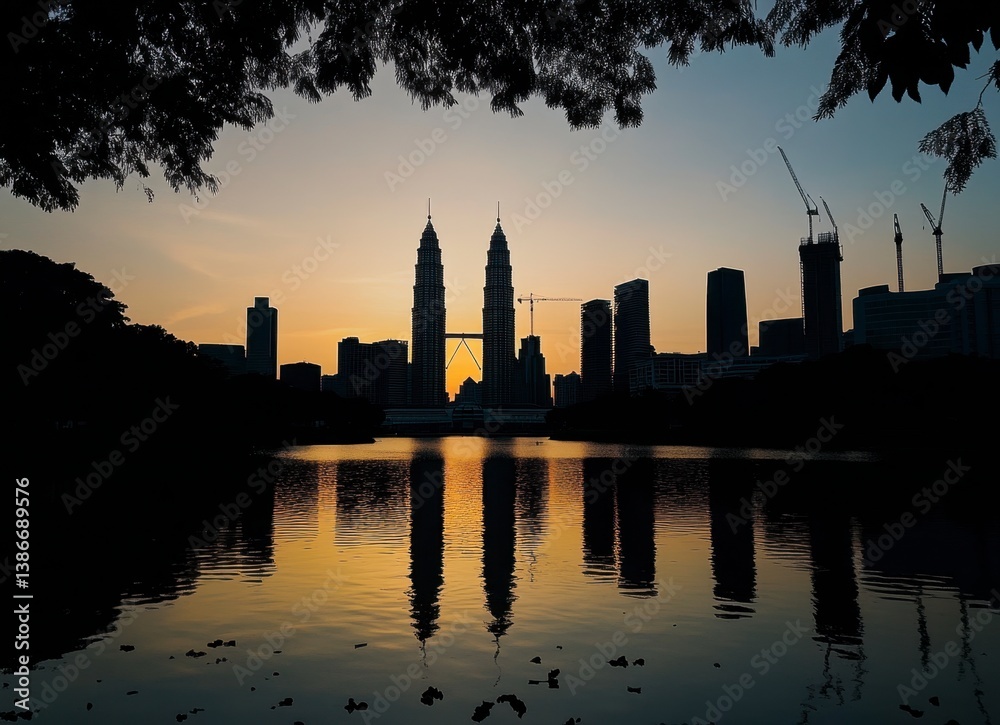 Obraz premium City Skyline Reflection in Lake at Sunset with Trees Framing View