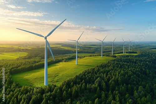 Sustainable Wind Energy Generating Power in a Serene Landscape with Modern Wind Turbines and Vibrant Green Fields