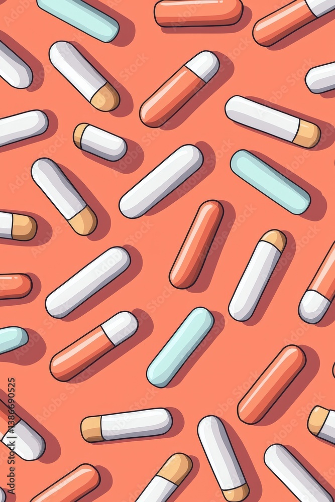 A colorful pattern of pills is displayed on an orange background. The pills are of various colors A colorful pattern of pills is displayed on an orange background. The pills are of various colors