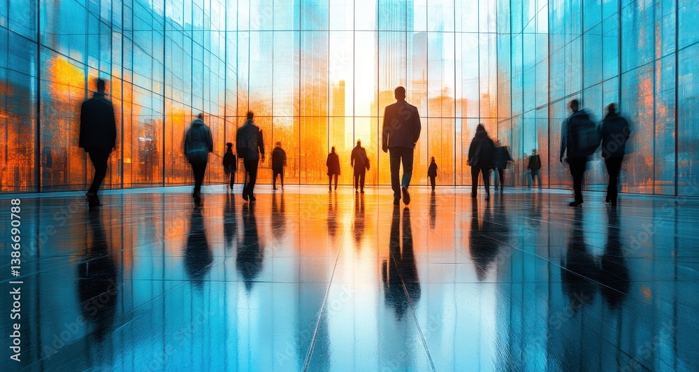 Urban Crowd in Motion at Trade Fair with Modern Architecture and Reflective Floors Urban Crowd in Motion at Trade Fair with Modern Architecture and Reflective Floors