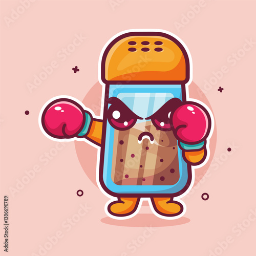 serious black pepper bottle character mascot playing boxing sport isolated cartoon