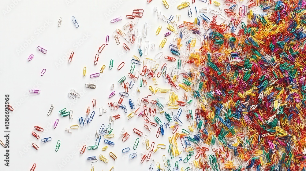 Fototapeta premium colorful paper clips strewn over a white background, visually representing the themes of organization and office life.