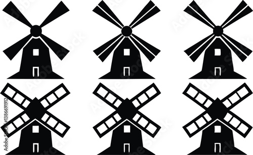 Windmill icon set. Silhouette and linear style. Vector illustration.