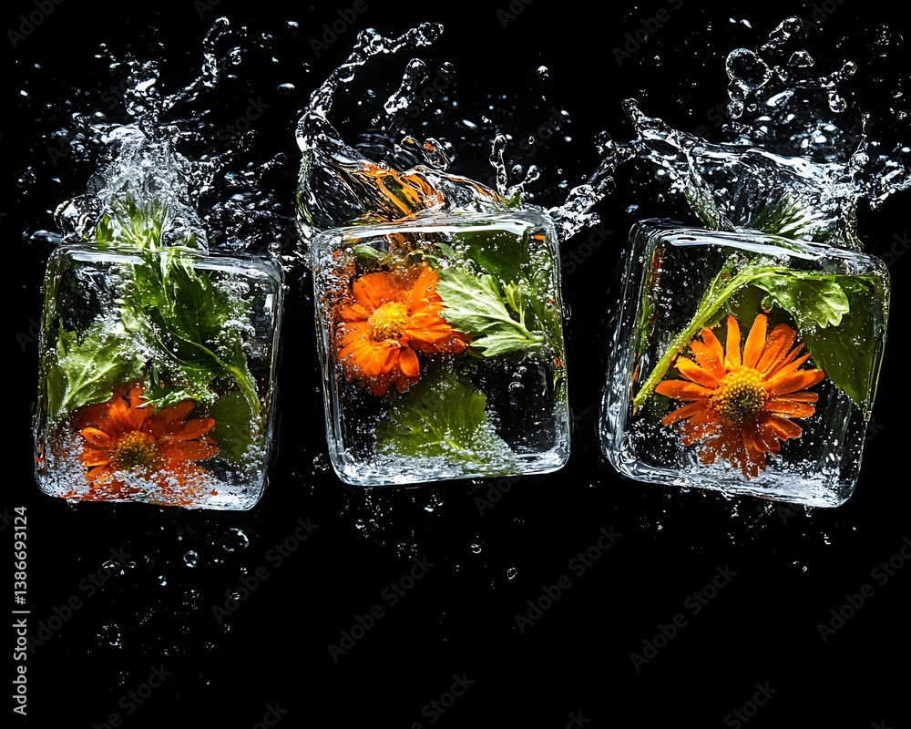 Floral Ice Cubes Splashing Black
