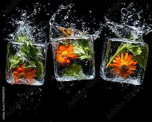 Floral Ice Cubes Splashing Black