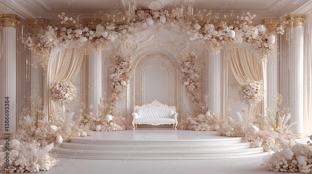 Naklejka premium Elegant Wedding Venue: A beautifully decorated wedding venue, bathed in soft, romantic light. Showcasing floral arrangements, elegant drapery, and architectural details.