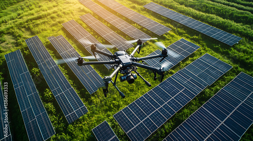 A drone inspecting a solar panel field for maintenance, aerial view of solar panels with drones performing inspections and digital control systems, High-tech style